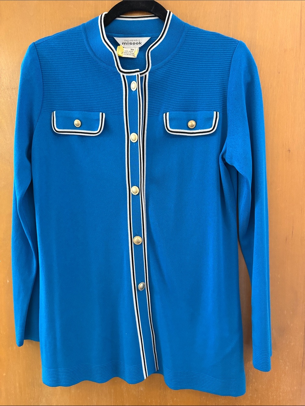 Misook Royal Blue Knit Jacket with Gold Buttons and Contrast Trim